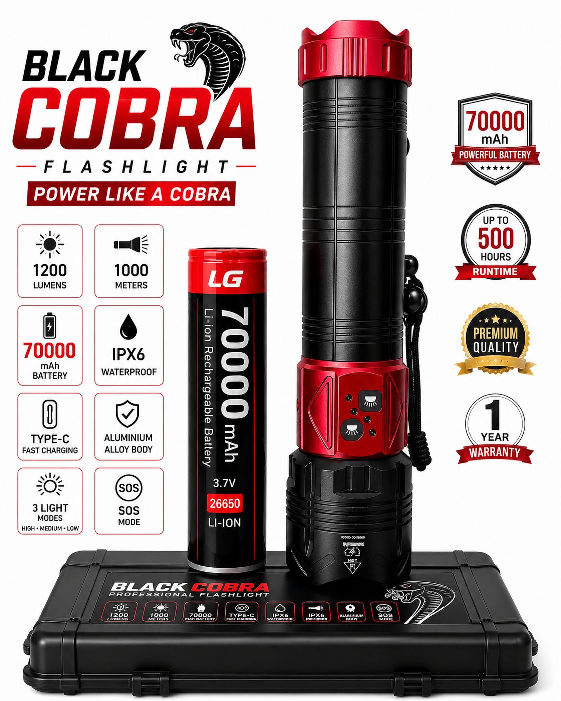 Black Cobra High-Power Long-Range Zoom Torch Light