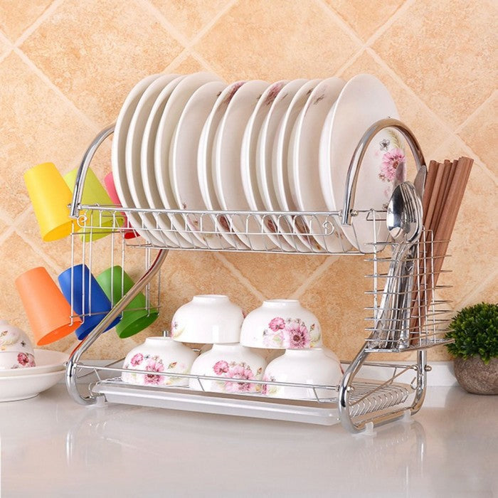 2-Tier Stainless Steel Kitchen Dish Rack & Drainer with Utensil Holder